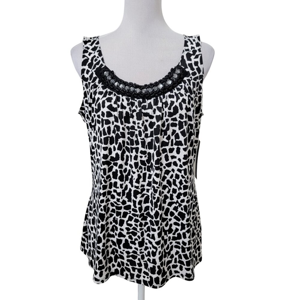 Essentials by Milano Size L Black & White Animal Print Sleeveless Blouse, NEW
